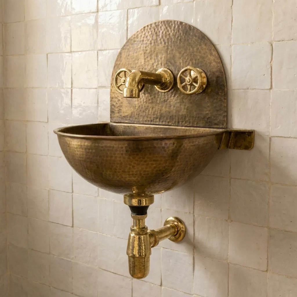 Rustic Brass Wall Hung Sink with Traditional Faucet Set
