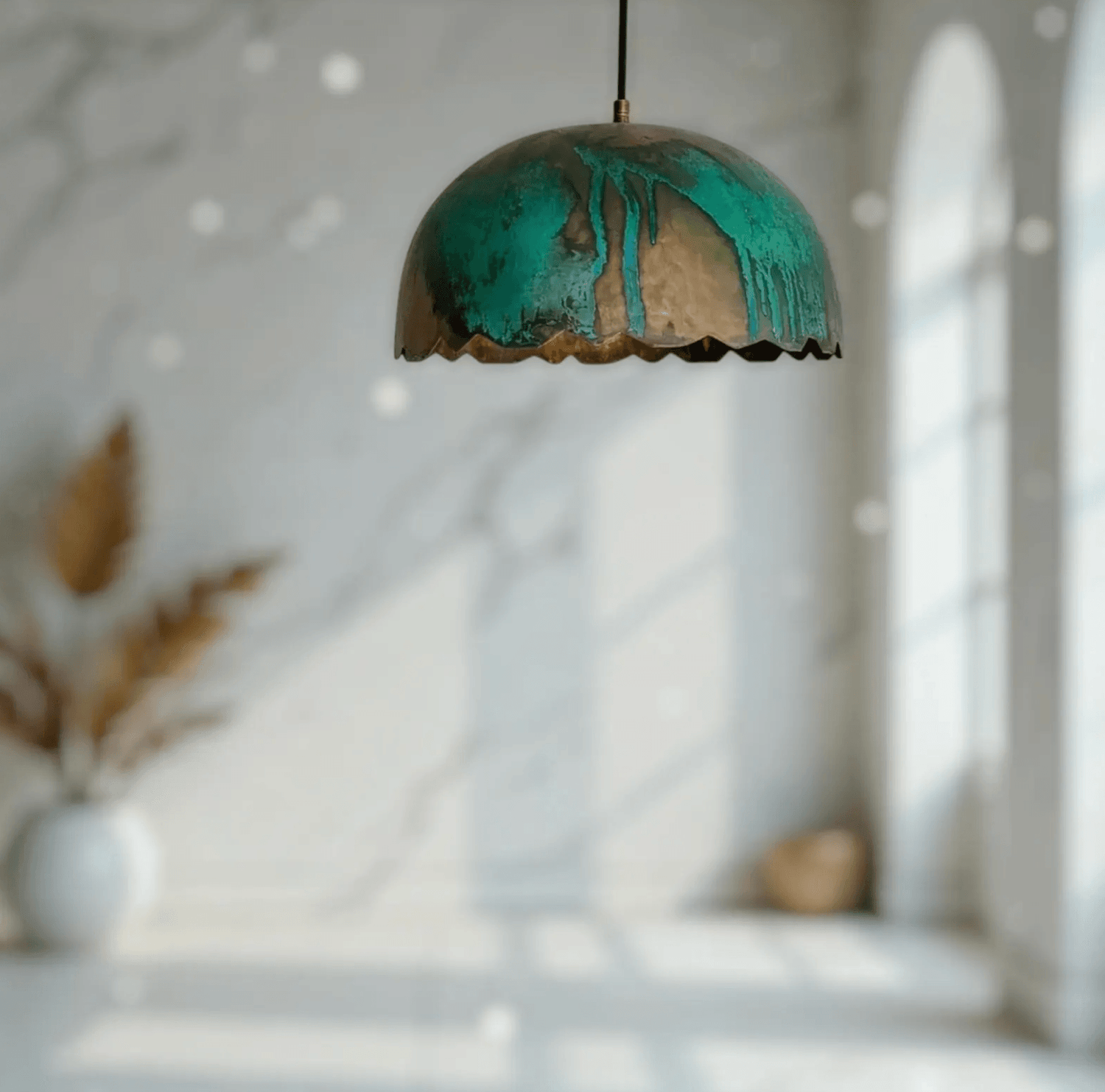 Green Patina Scalloped Copper Dome Pendant Light