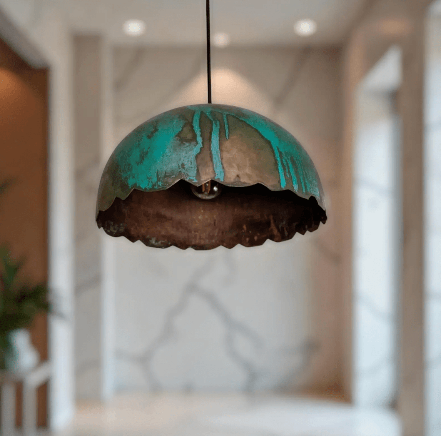 Green Patina Scalloped Copper Dome Pendant Light
