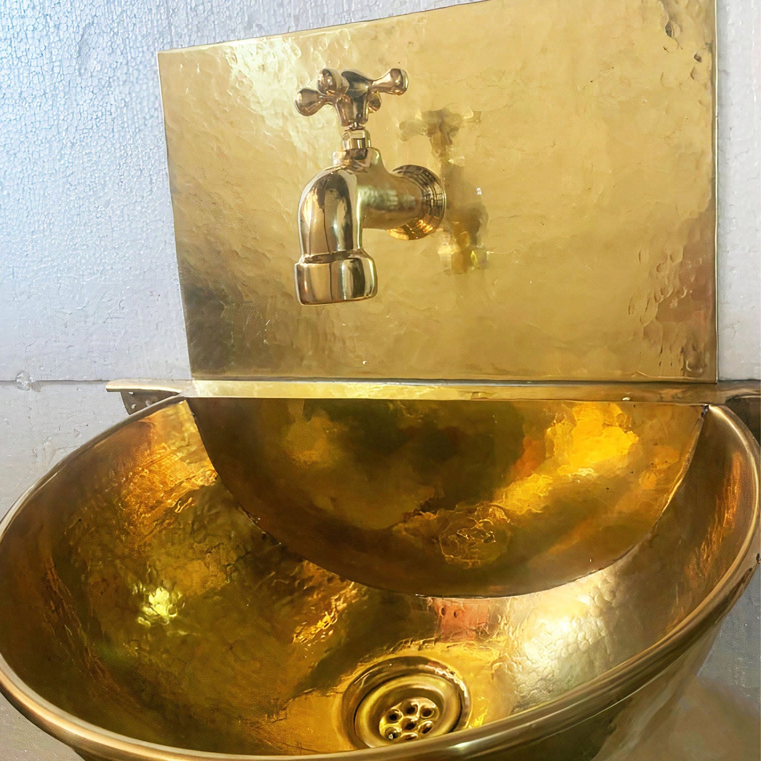 Solid Brass Wall Mounted Bathroom Sink With Brass faucet, Rounded Wall Hung Sink
