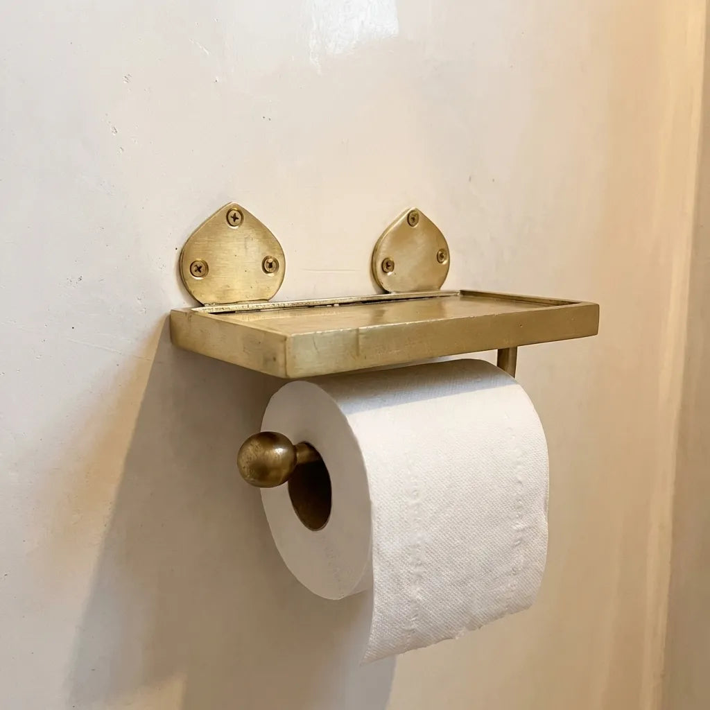 Solid Brass Toilet Paper Holder with Shelf – Handmade Wall Mount Accessory