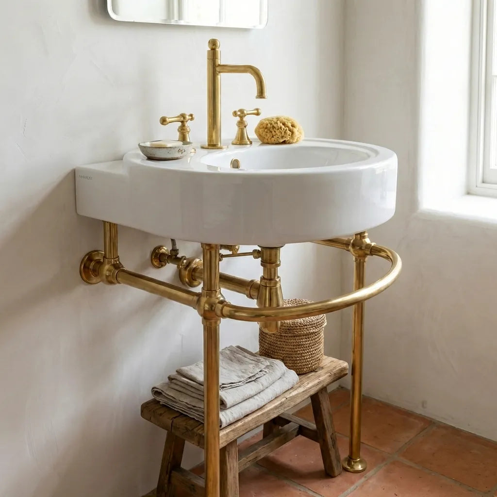 Solid Brass Console Sink Legs with Curved Support Rail – Luxury Bathroom Stand Base