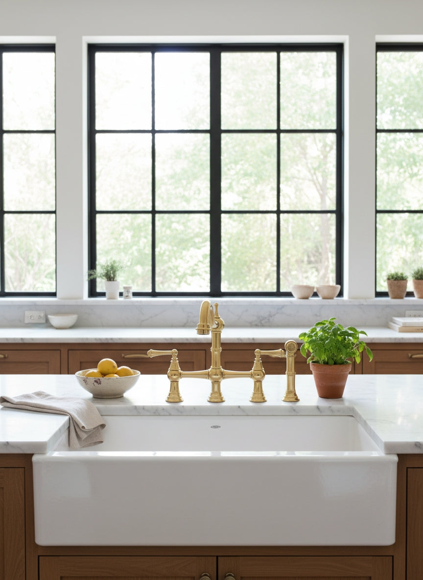 Bridge Kitchen Faucet with Side Sprayer - Solid Unlacquered Brass