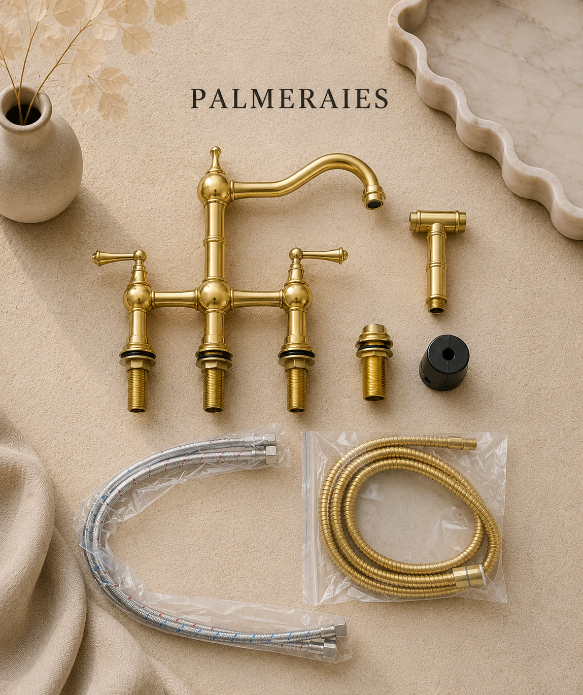 Bridge Kitchen Faucet with Side Sprayer - Solid Unlacquered Brass