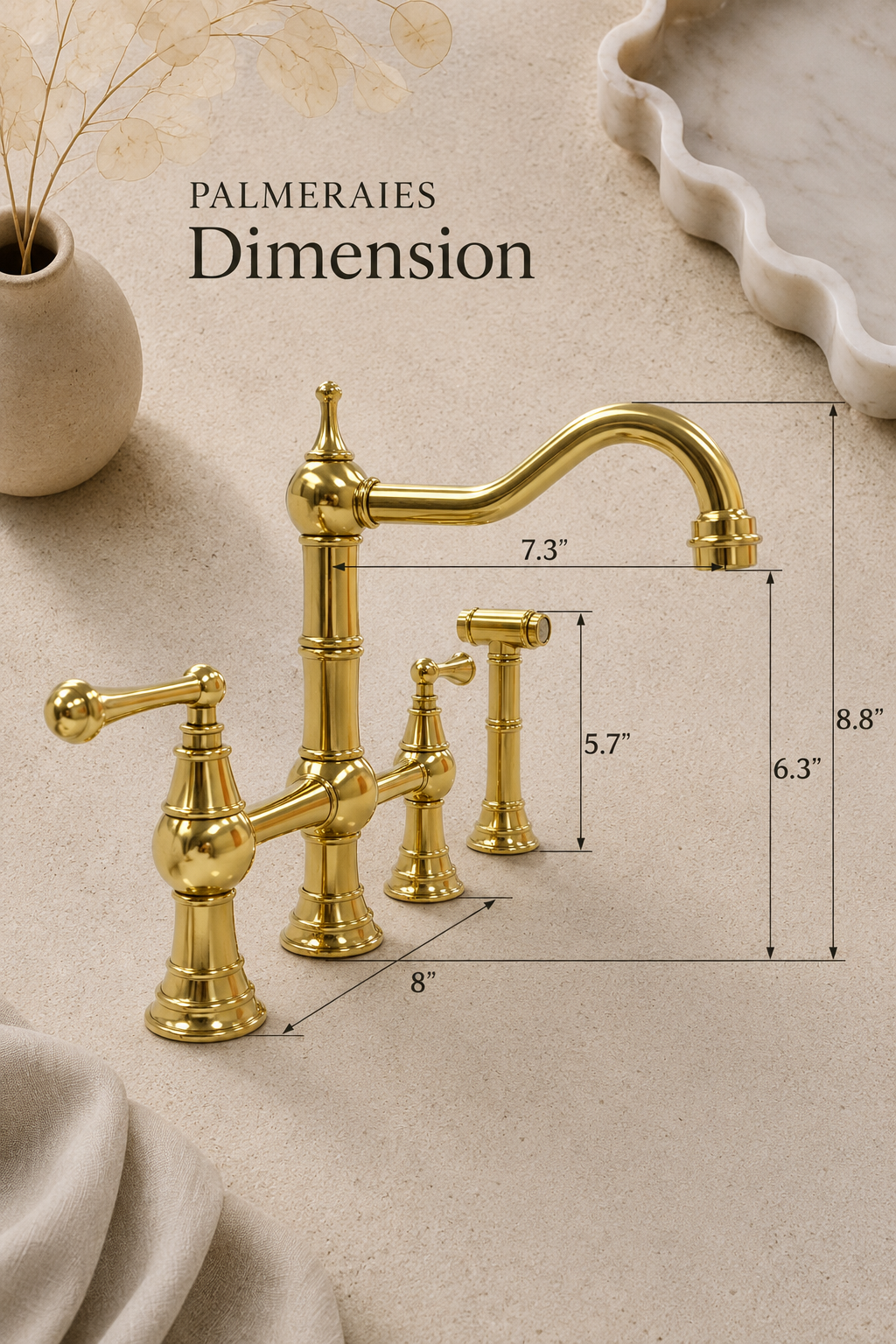 Bridge Kitchen Faucet with Side Sprayer - Solid Unlacquered Brass
