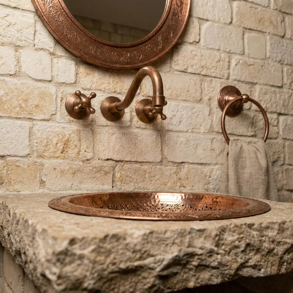 Handmade Engraved Copper Vessel Sink – Rustic Bathroom Washbasin