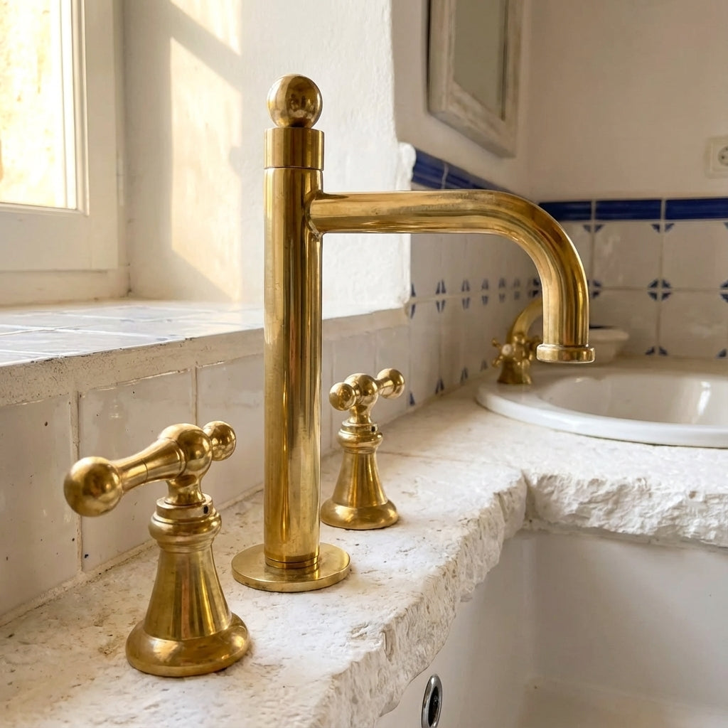 Unlacquered Brass Widespread Faucet – Tall Spout Bathroom Lever Tap