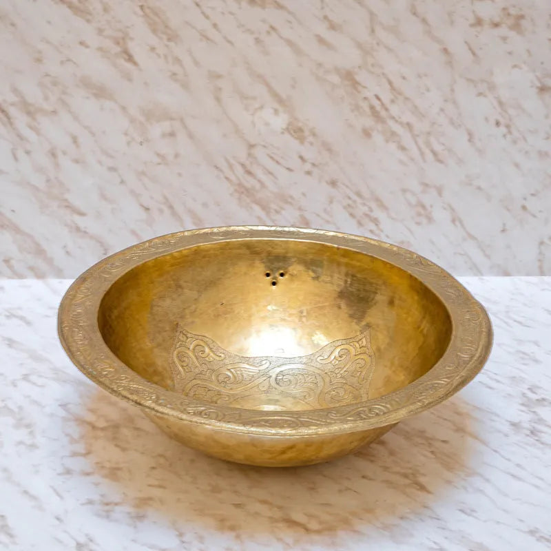 Unlacquered Brass Engraved Bathroom Sink, Solid Brass Drop in Sink