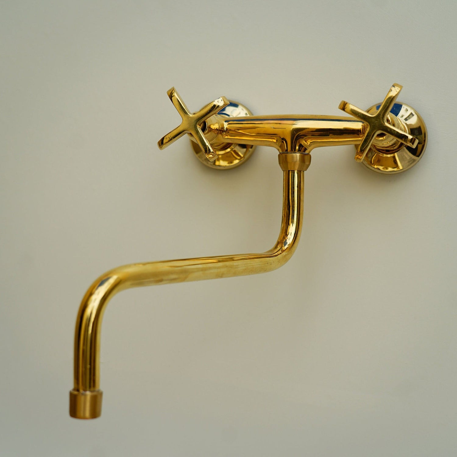 Unlacquered Brass Kitchen Faucet, Handcrafted Brass Wall Mounted Kitchen Faucet