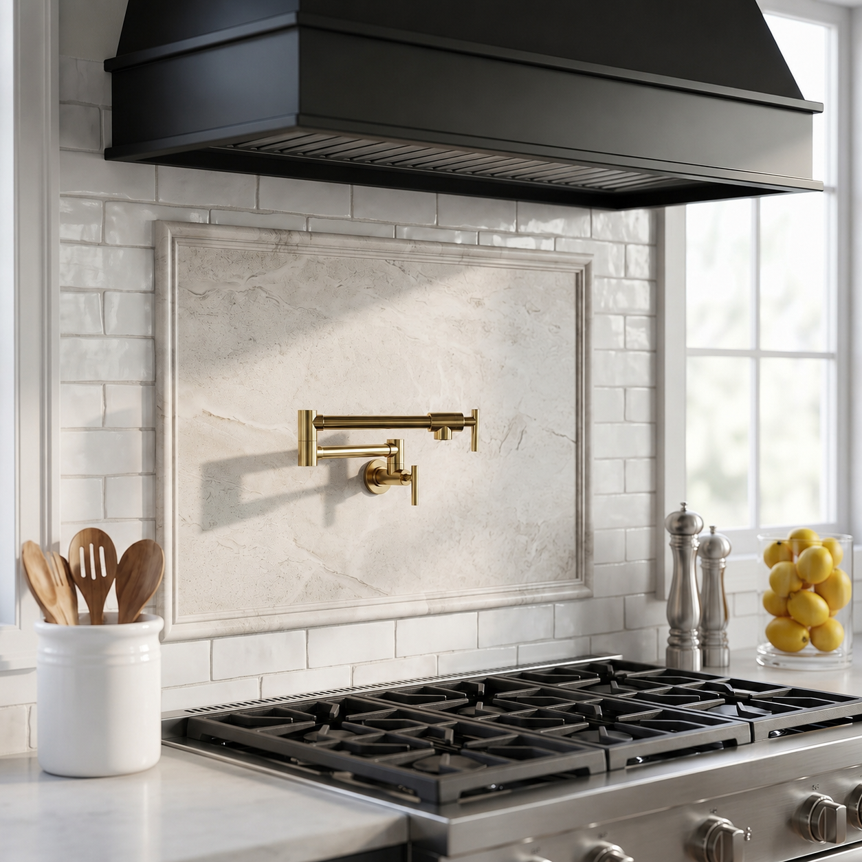 Unlacquered Brass Wall Mounted Pot Filler - Swing Arm Stove Faucet