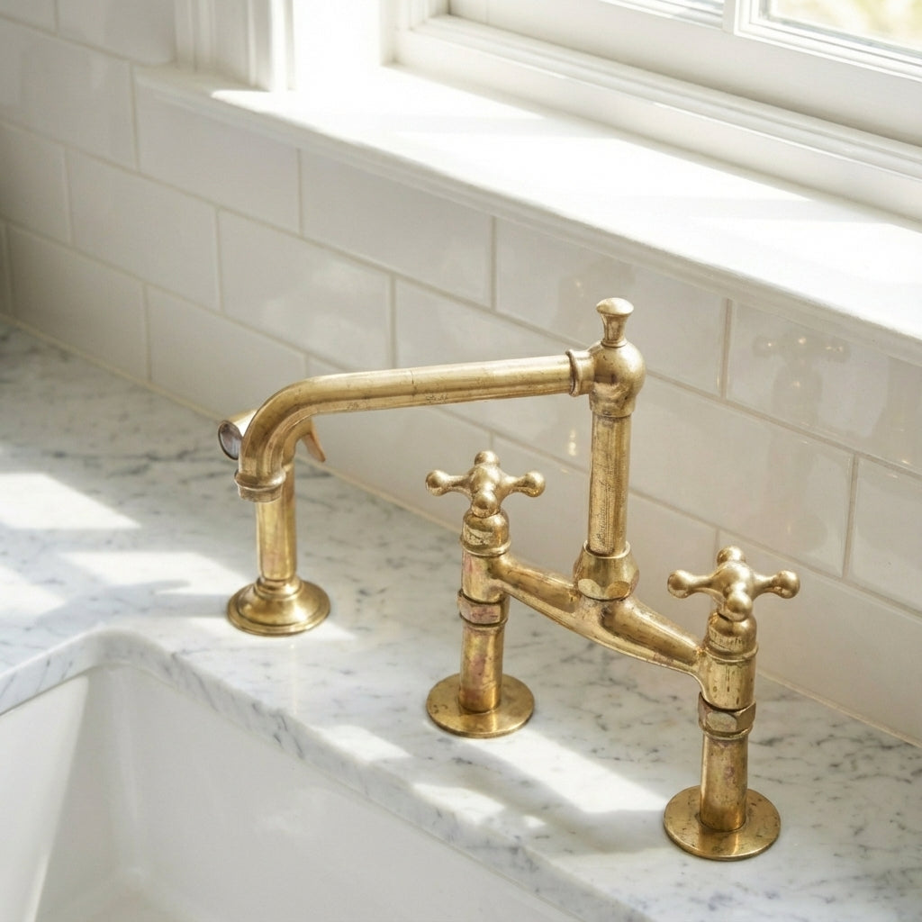 Old-World Unlacquered Brass Bridge Faucet With Traditional Design