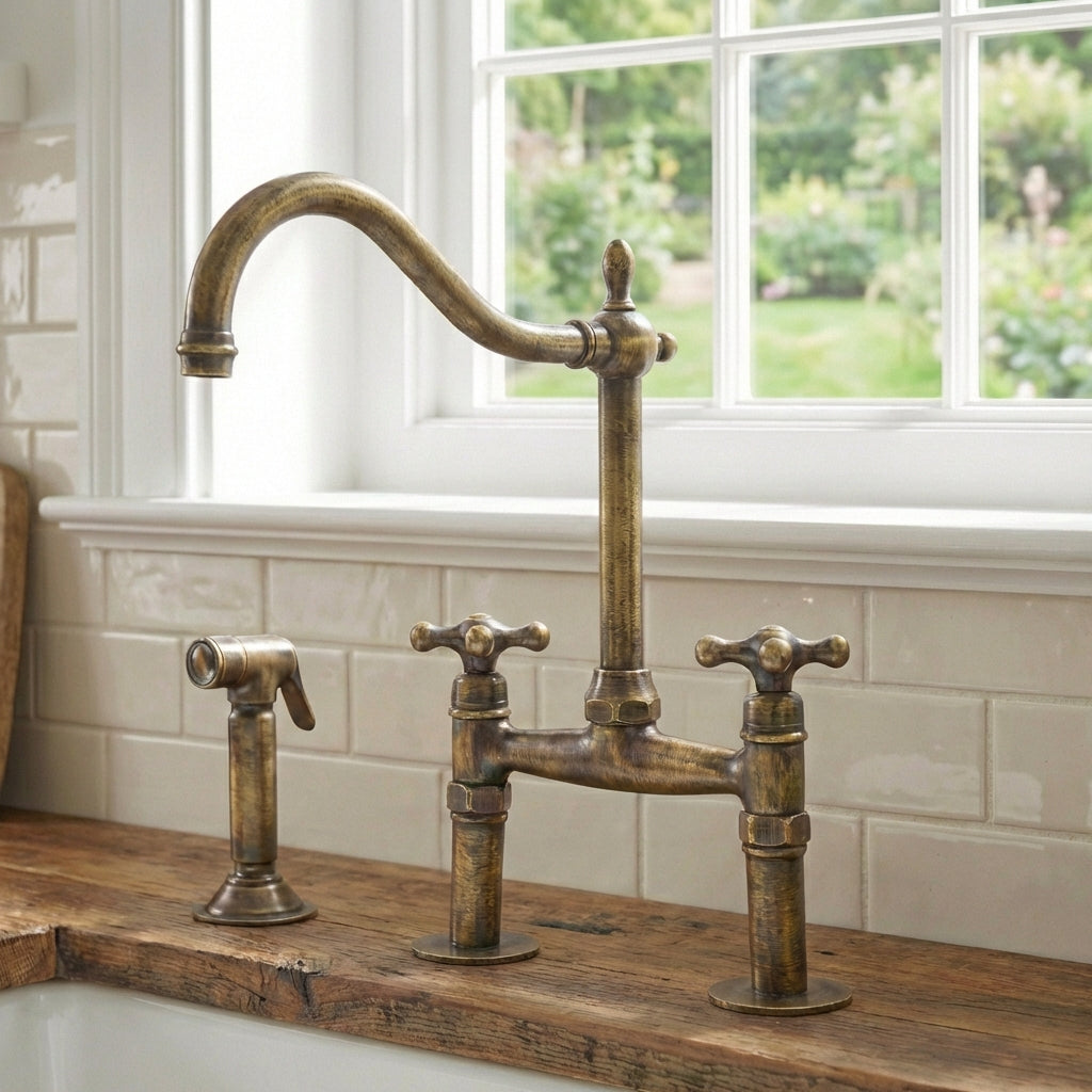 Handmade Victorian Vintage Brass Bridge Kitchen Faucet - Ornate Swan-Neck