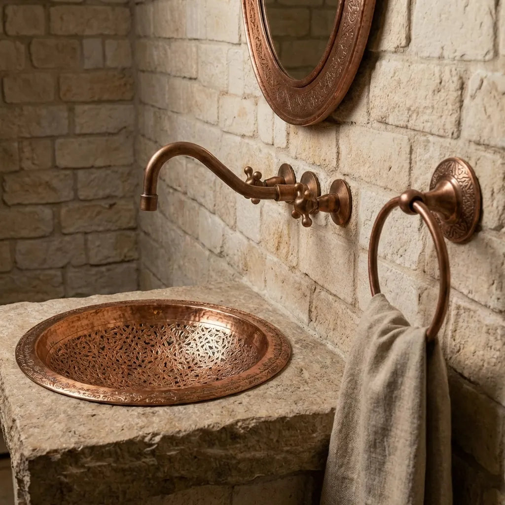 Handmade Engraved Copper Vessel Sink – Rustic Bathroom Washbasin