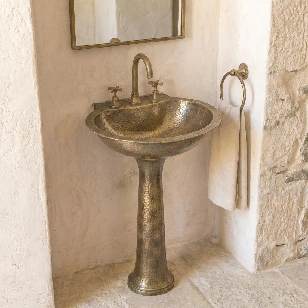Handcrafted Hammered Brass Pedestal Sink – Vintage Unlacquered Bathroom Basin