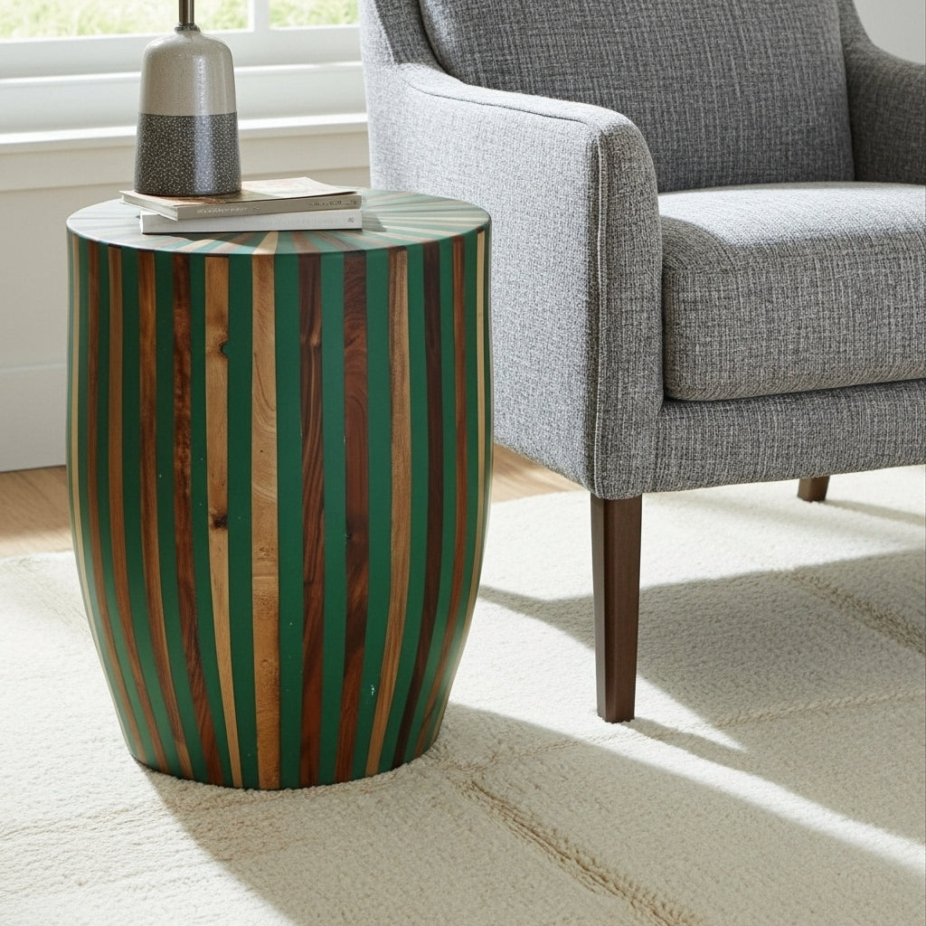 Handcrafted Green Resin & Wood Striped Side Table
