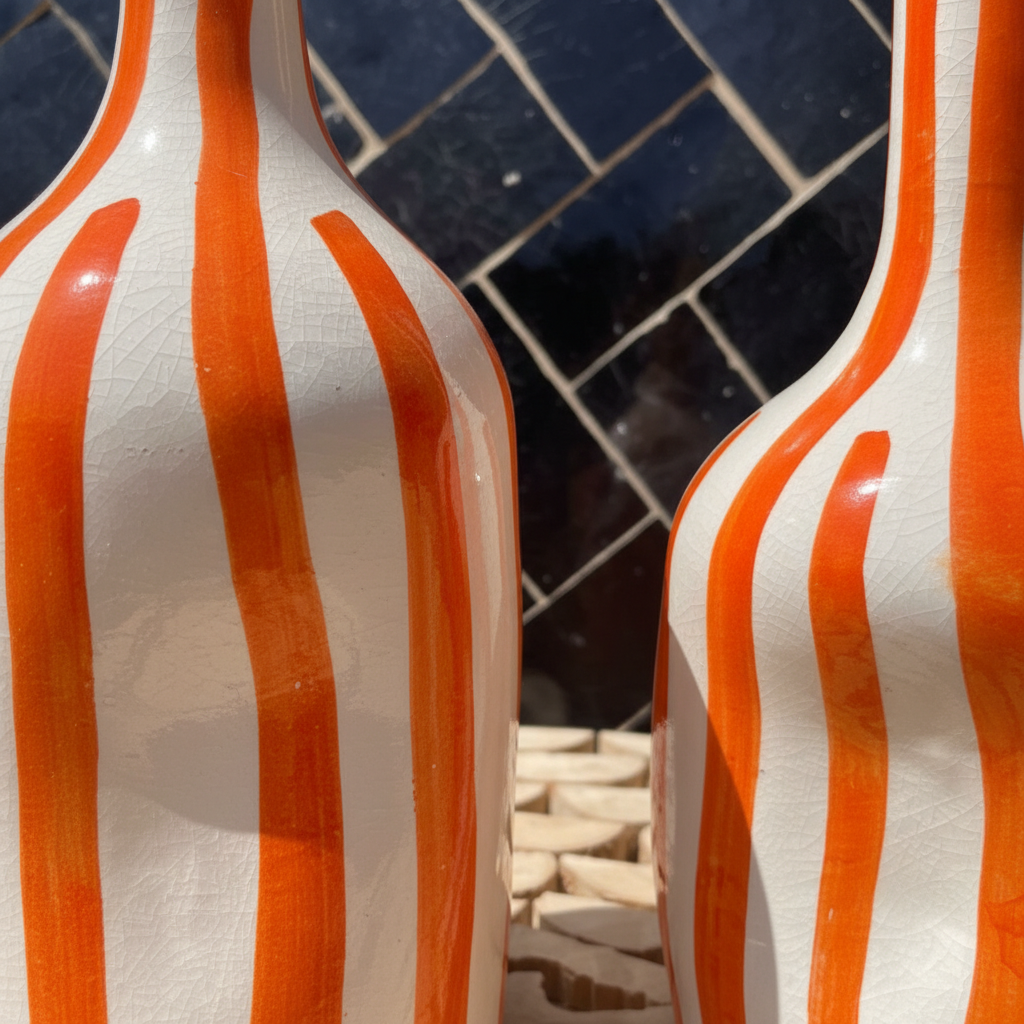 Handmade Ceramic Vase – Modern Orange Striped Pottery Bottle Décor