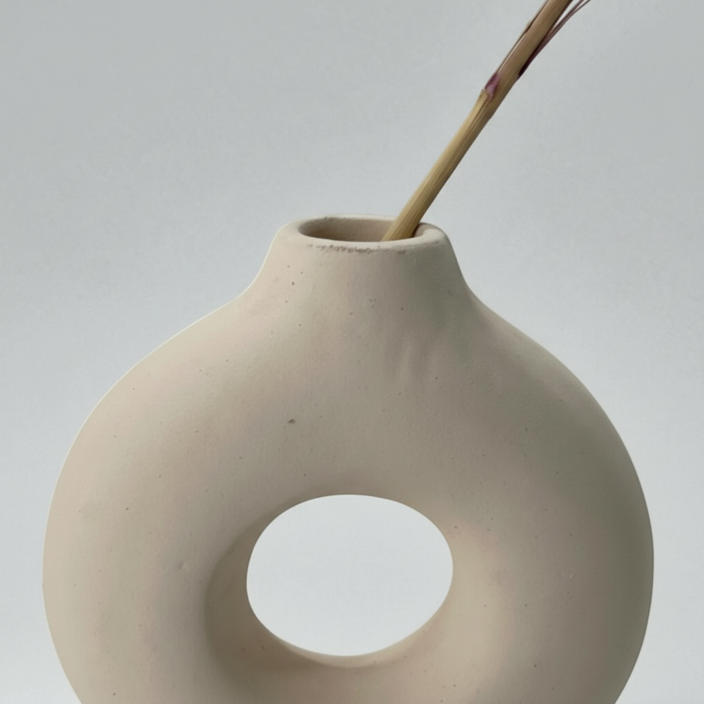 Handmade Ceramic Vase – Neutral Sculptural Donut Vase with Matte Finish