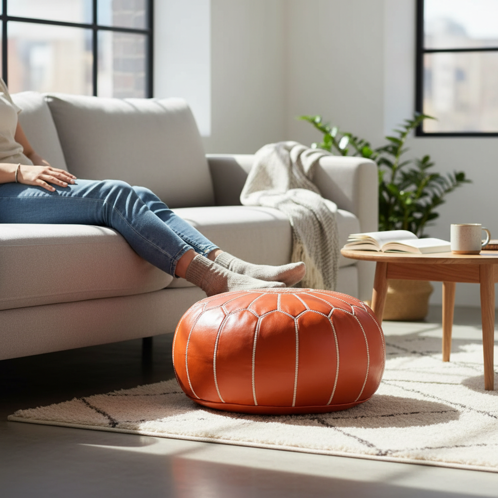 Artisan Orange Moroccan Pouf – Perfect For Colorful Decor
