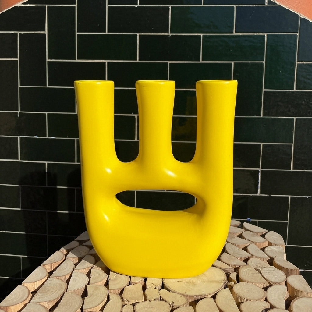 Handmade Ceramic Vase – Modern Yellow Triple-Neck Sculptural Vase