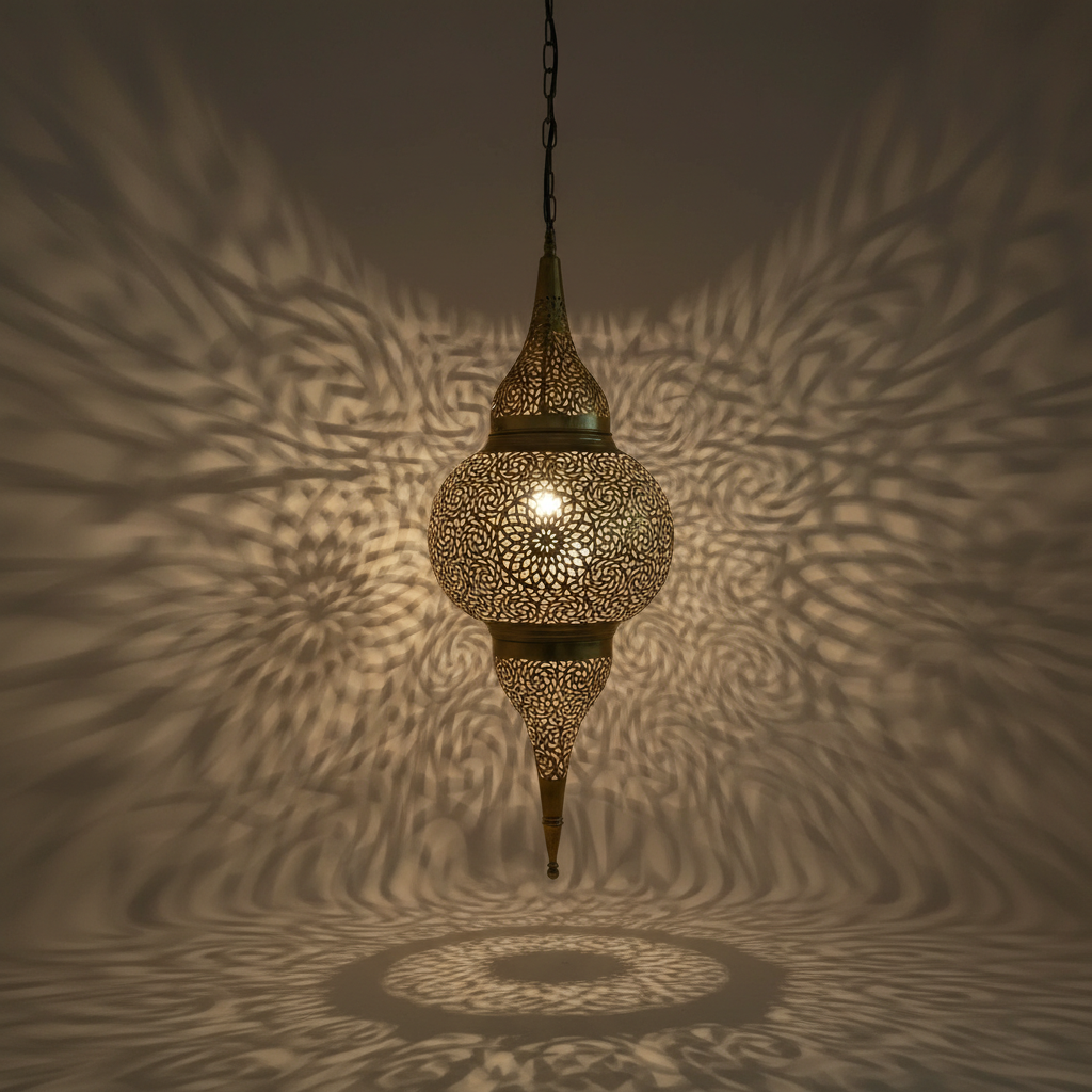 Moroccan Brass Pendant Light – Perforated Hanging Lantern Ceiling Lamp