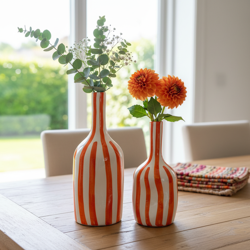 Handmade Ceramic Vase – Modern Orange Striped Pottery Bottle Décor