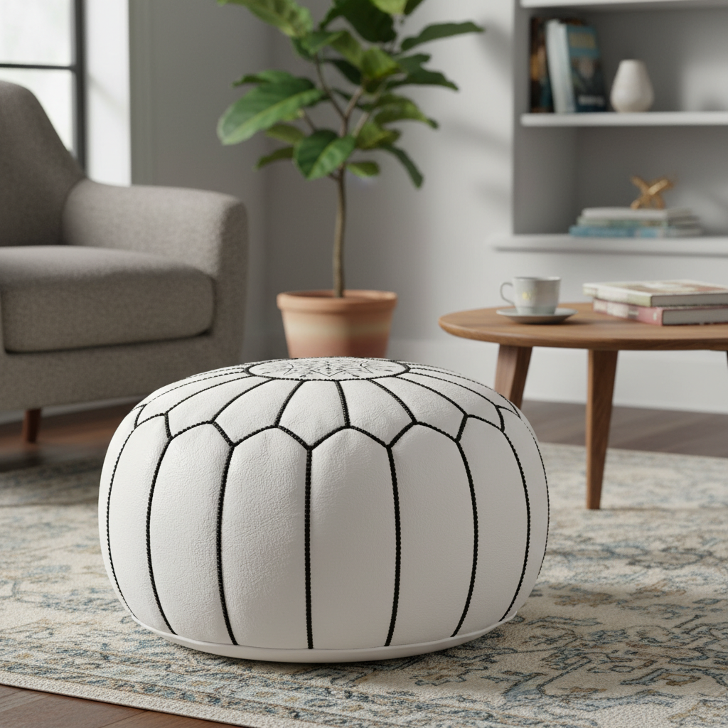 Elegant White Moroccan Leather Pouf – Handcrafted & Chic