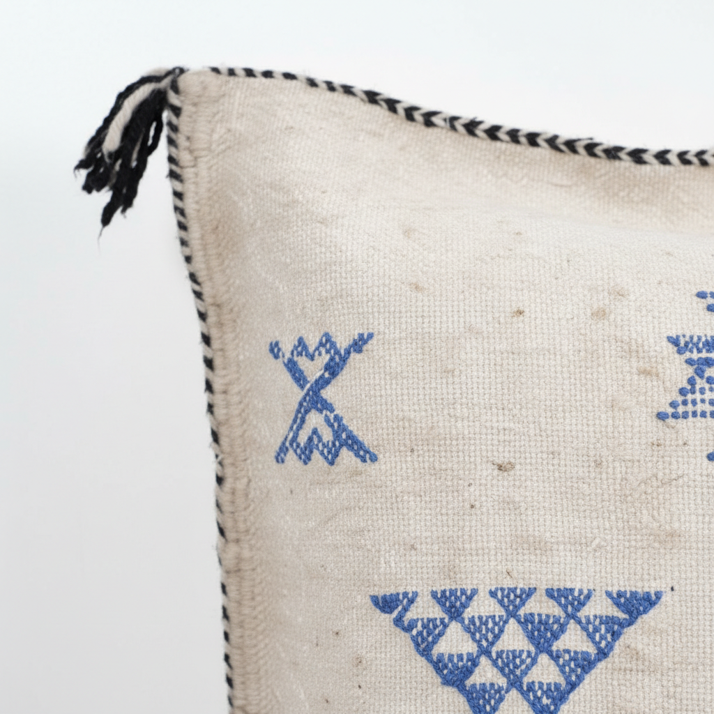Berber Pillow Cover with Blue Geometric Motifs – Moroccan Handwoven Cushion with Tassels, 4 Sizes