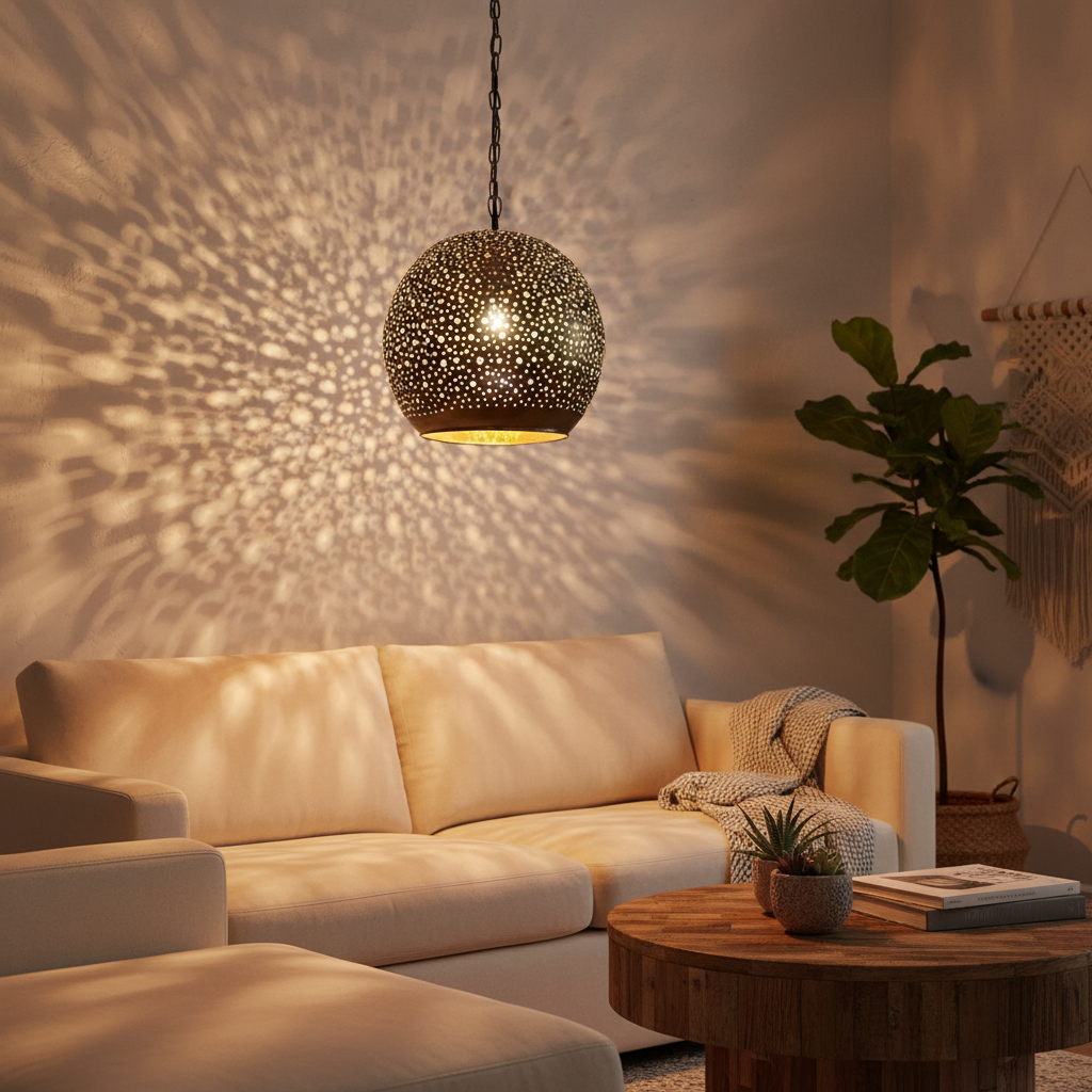 Focus Key Brass Pendant Light – Hand-Perforated Sphere Ceiling Lamp