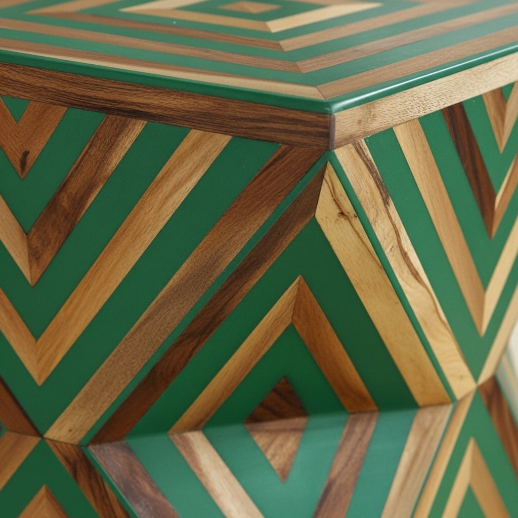 Handcrafted Geometric Green Wood Side Table