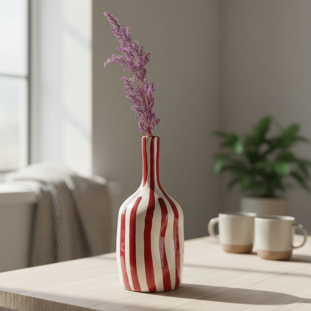 Handmade Ceramic Vase – Tall Red Striped Modern Pottery Bottle