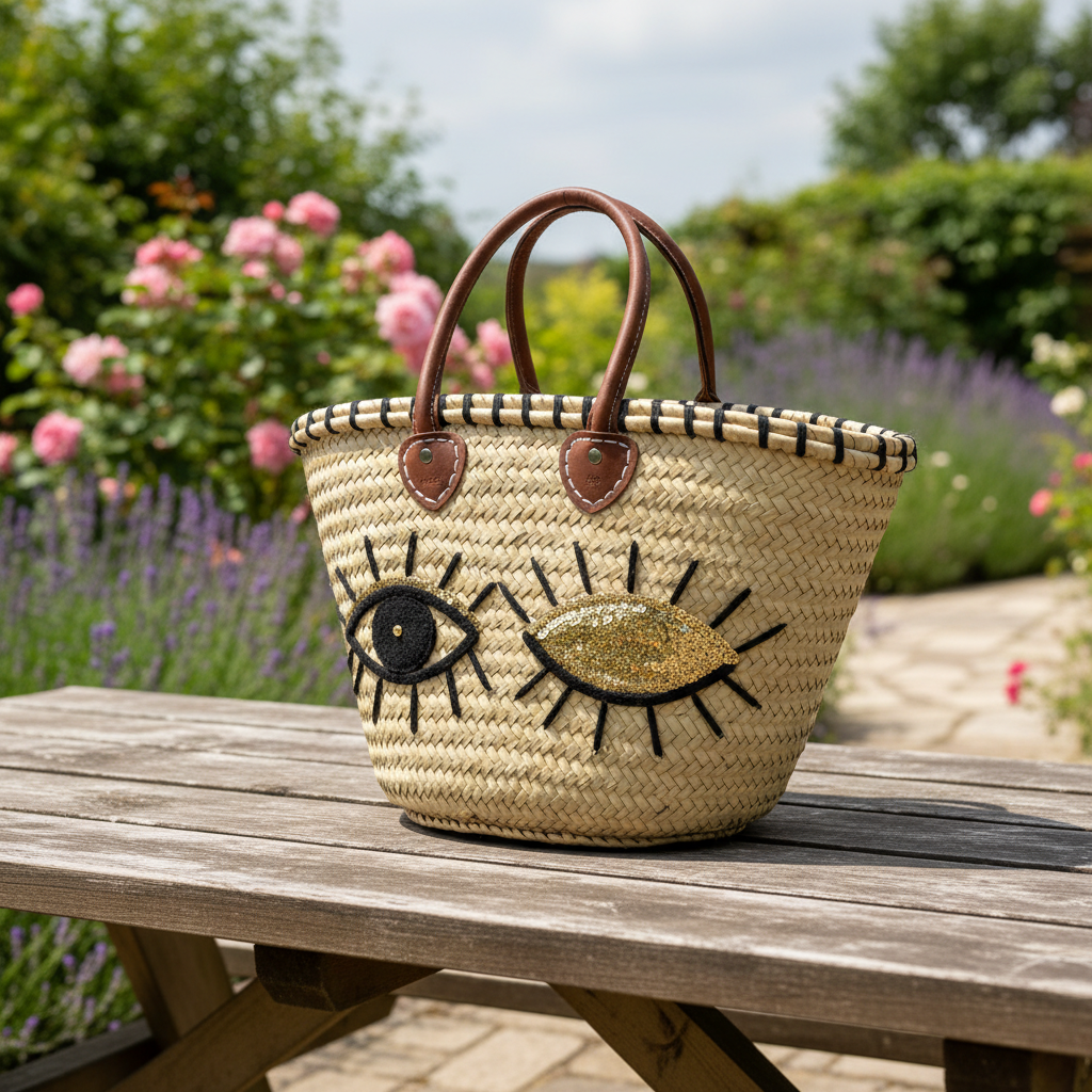 Evil Eye Straw Tote Bag
