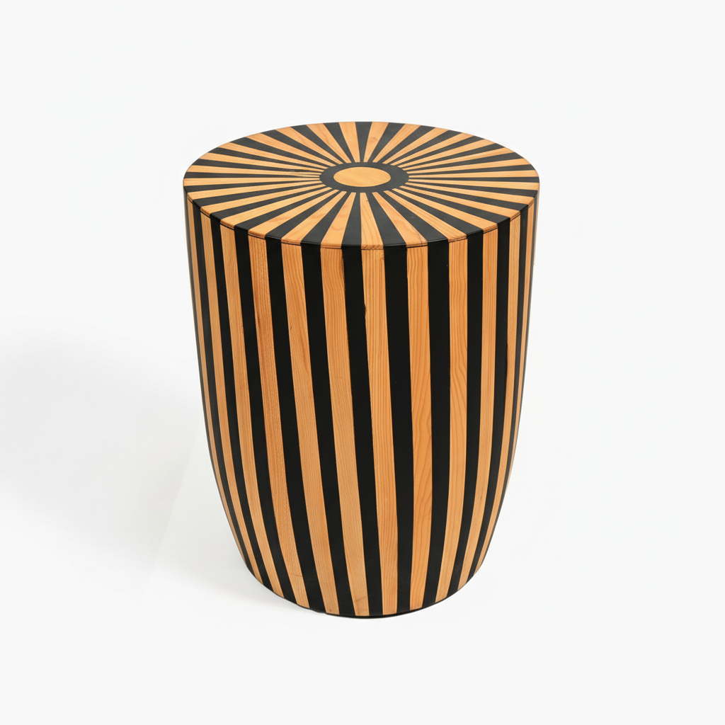 Wooden stool with black and gold striped pattern on a white background