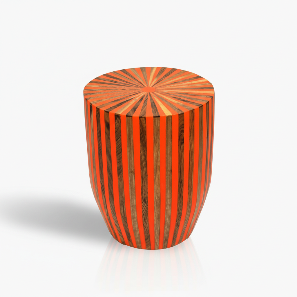 Wooden stool with a sunburst pattern on a white background