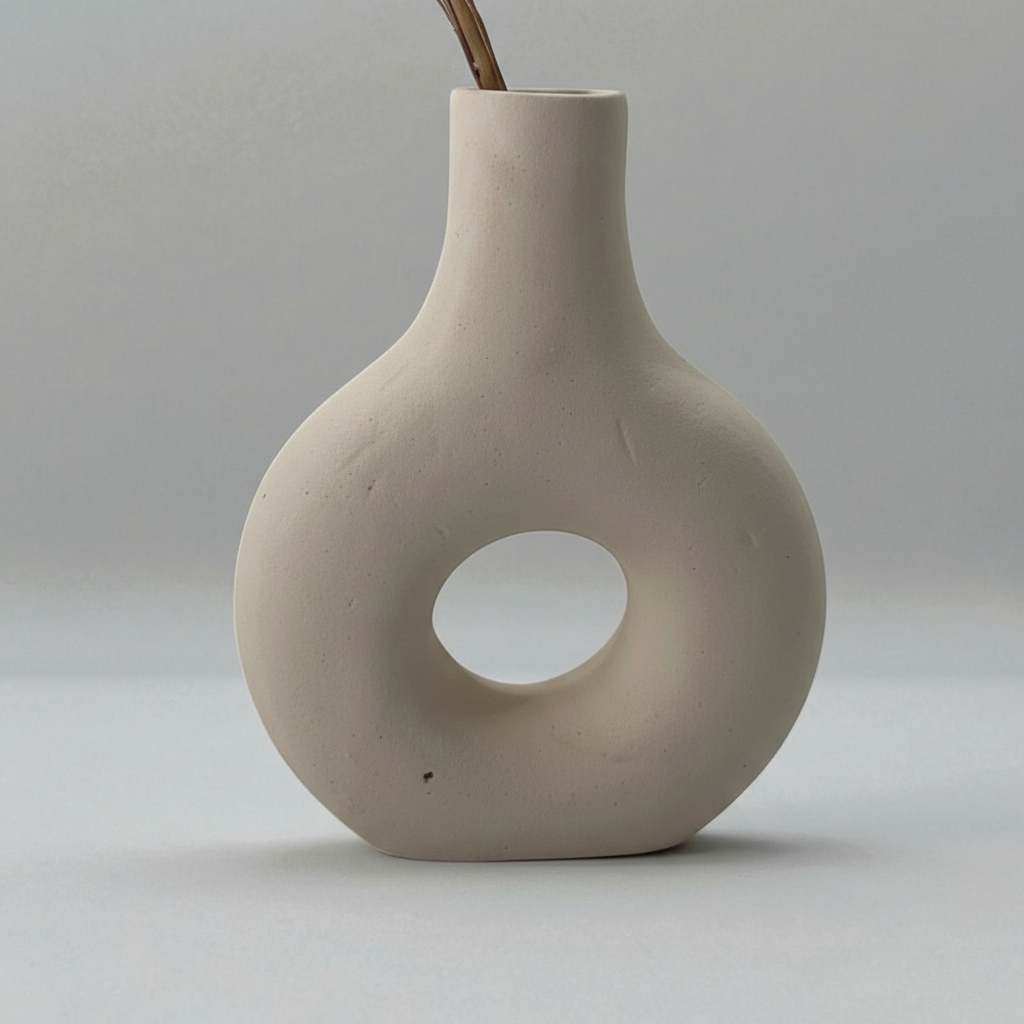 Handmade Ceramic Vase – Minimal Neutral Donut Vase with Matte Finish
