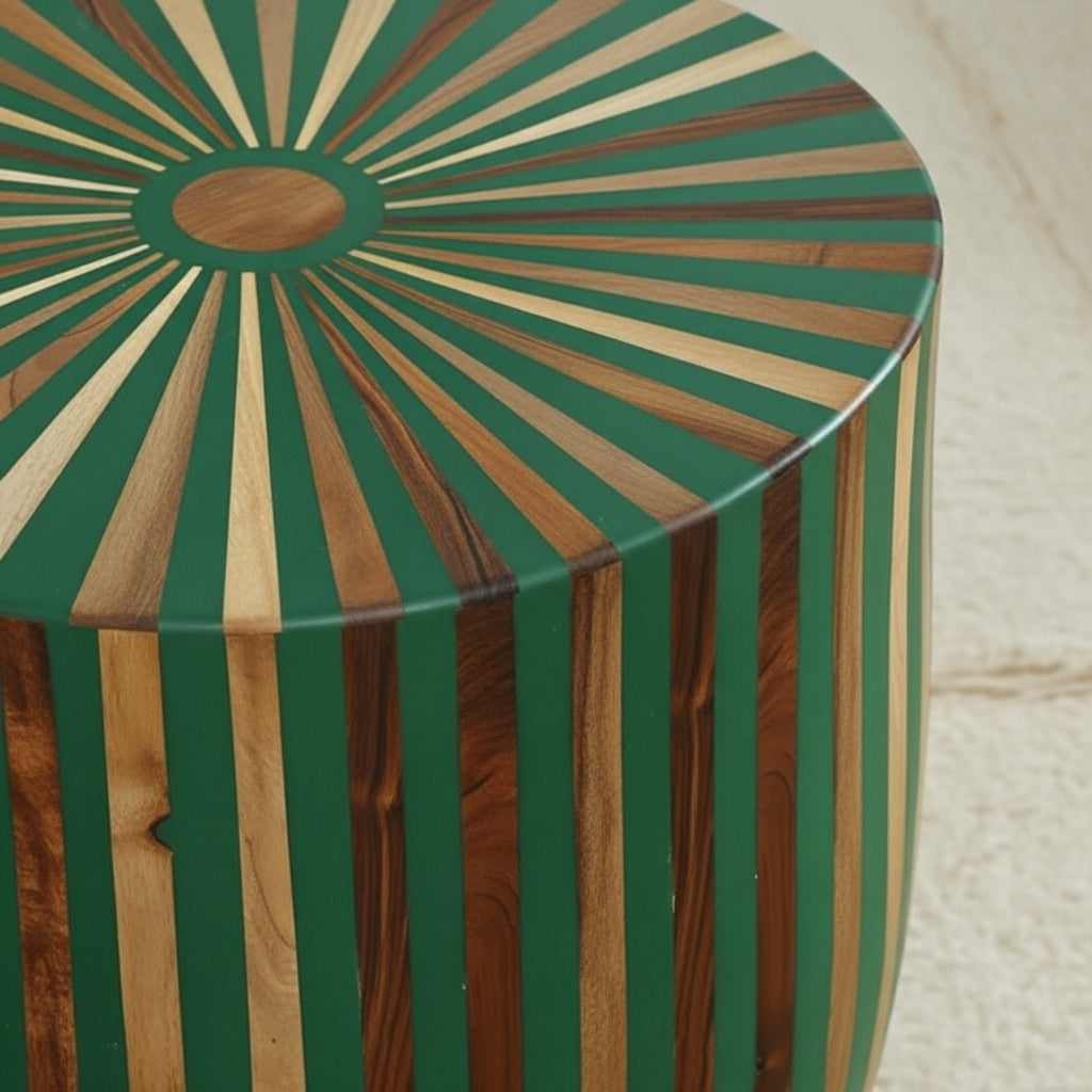 Handcrafted Green Resin & Wood Striped Side Table