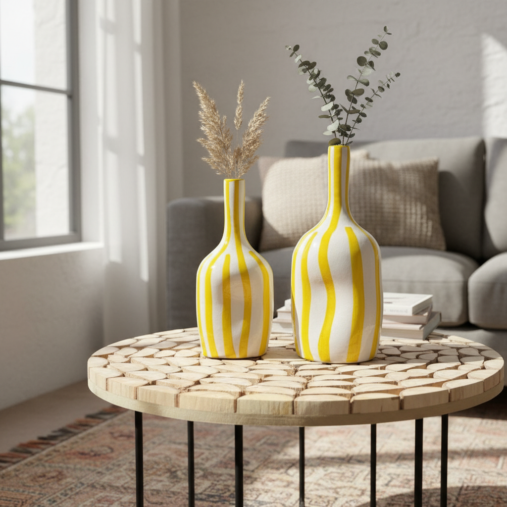 Handmade Ceramic Vase – Yellow Striped Modern Pottery Bottle