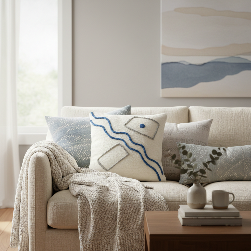Abstract Embroidered Moroccan Pillow Cover – Handcrafted Wool Cushion in Blue & Neutral Tones