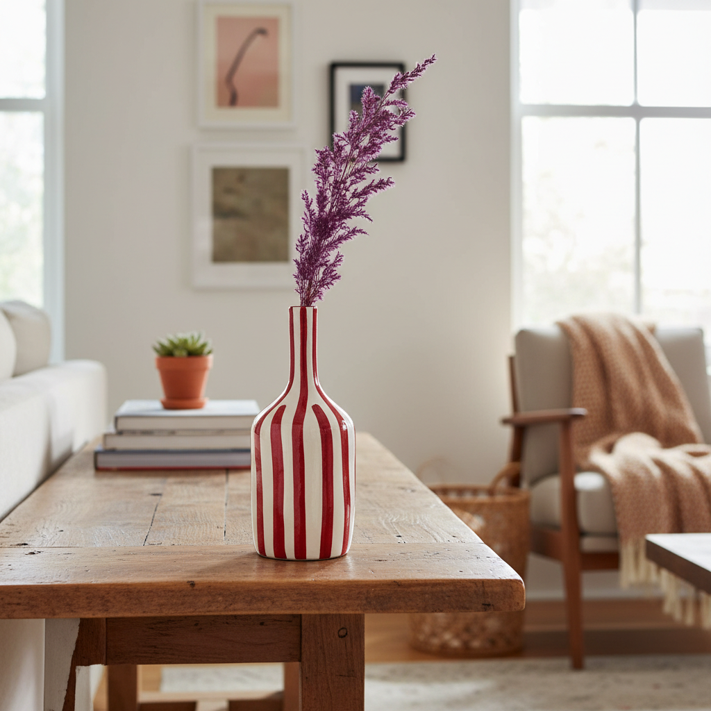 Handmade Ceramic Vase – Tall Red Striped Modern Pottery Bottle