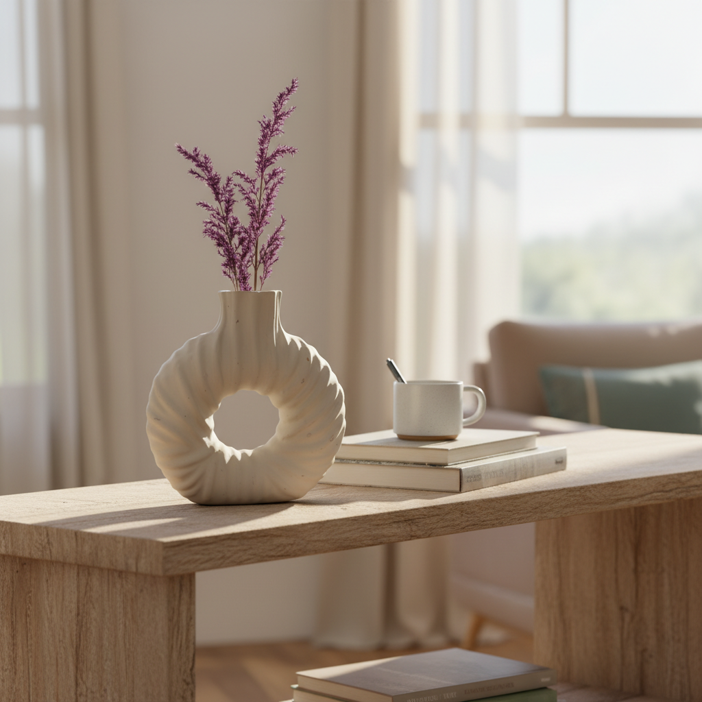 Handmade Ceramic Vase – Textured Sculptural Donut Vase in Neutral Tone