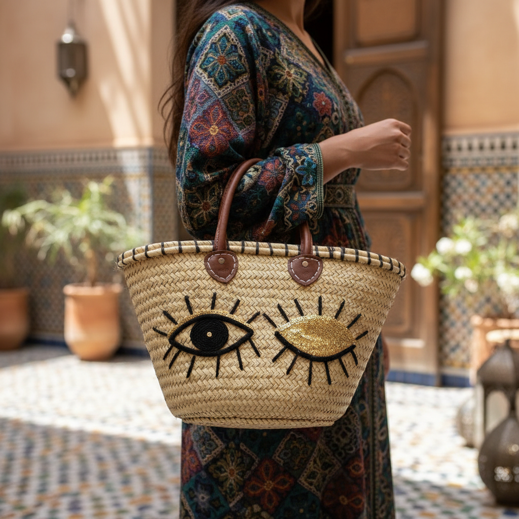 Evil Eye Straw Tote Bag