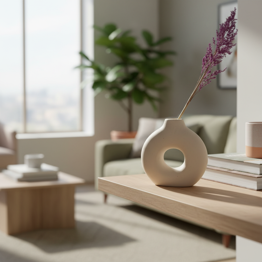 Handmade Ceramic Vase – Neutral Sculptural Donut Vase with Matte Finish