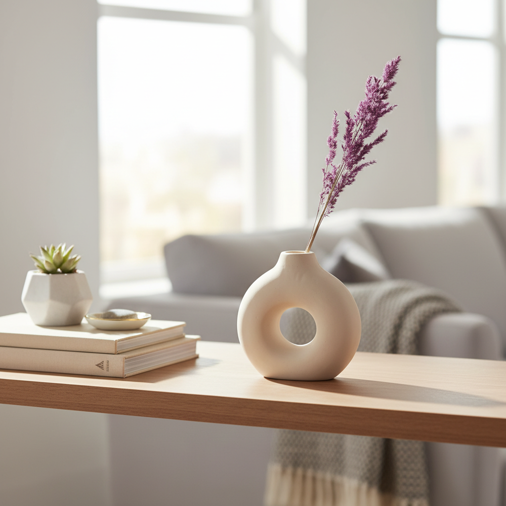 Handmade Ceramic Vase – Neutral Sculptural Donut Vase with Matte Finish