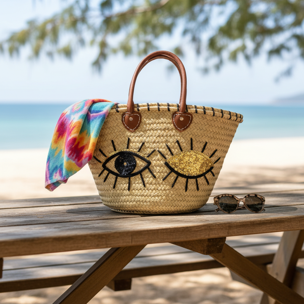 Evil Eye Straw Tote Bag