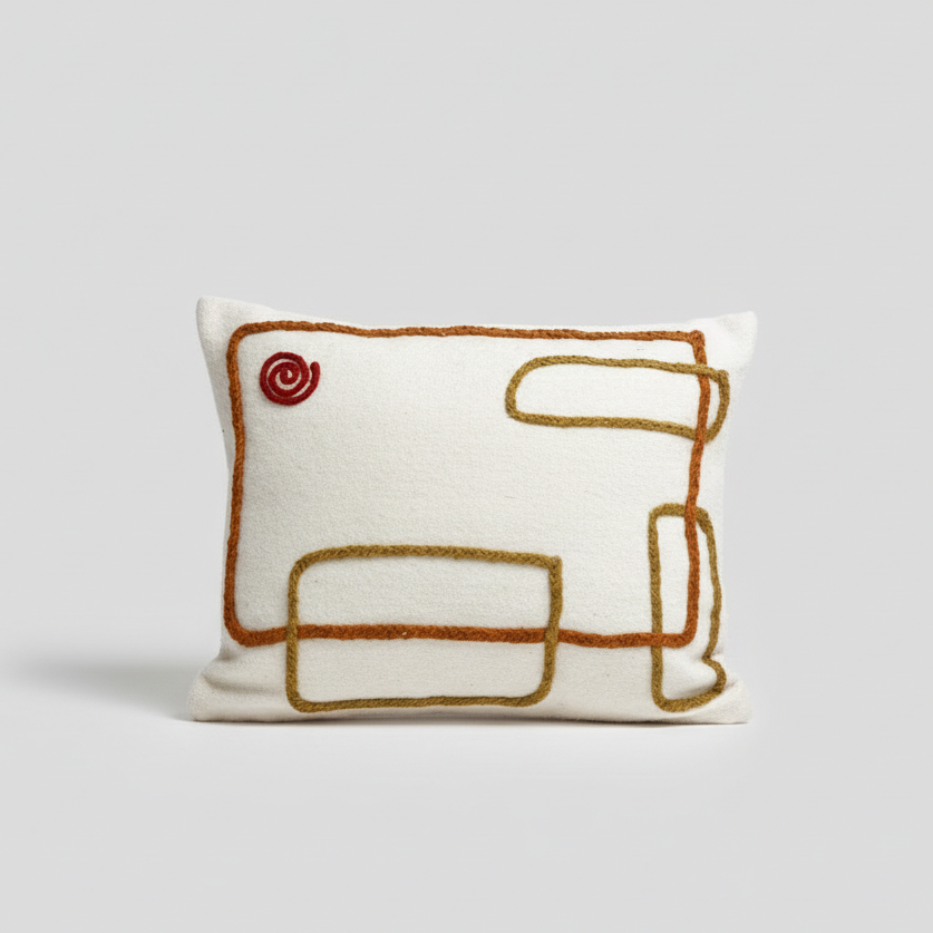 Abstract Embroidered Moroccan Pillow Cover – Handcrafted Wool Cushion in Neutral Tones