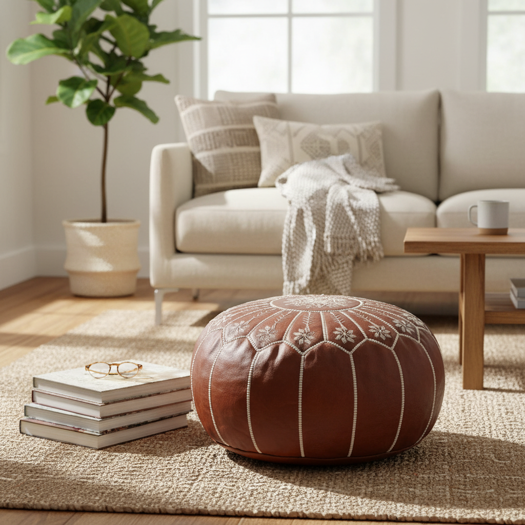 Luxury Handcrafted Brown Moroccan Leather Pouf