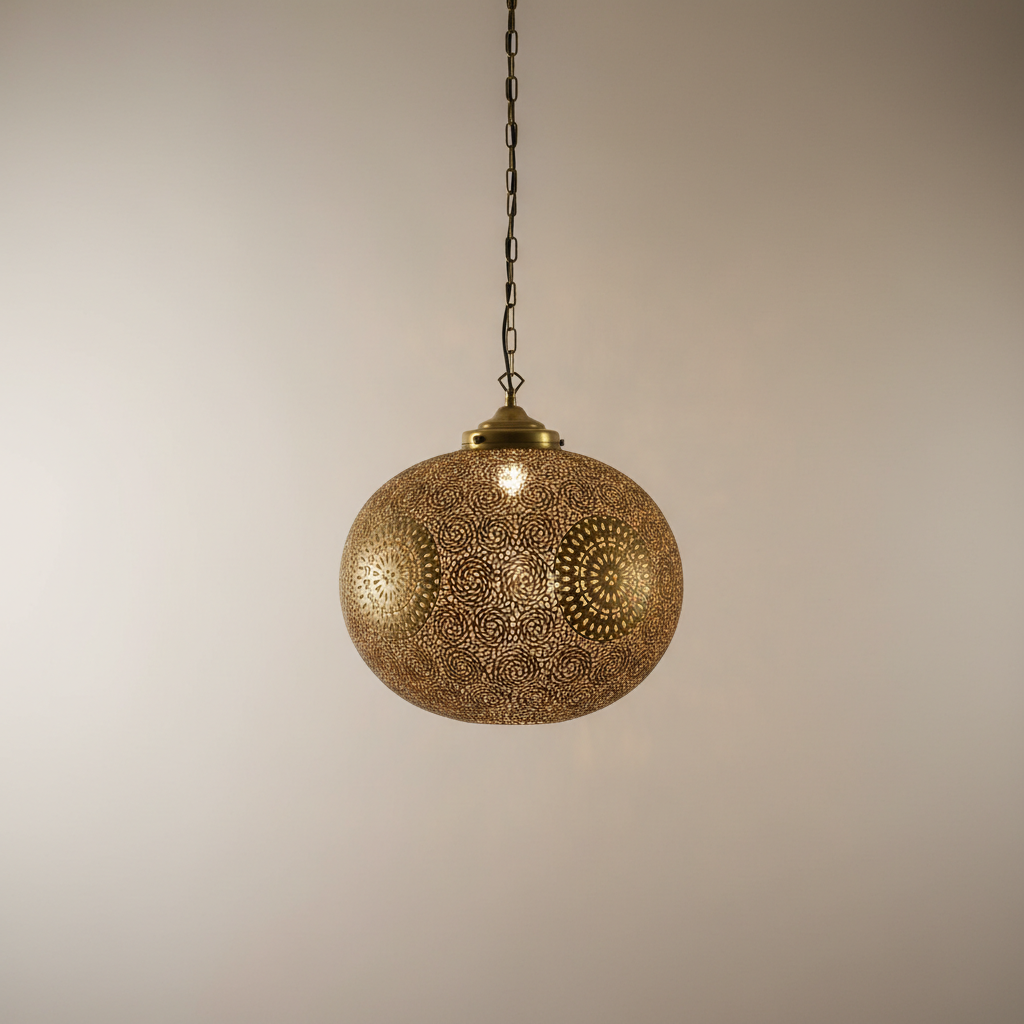 Ornate Brass Pendant Light – Perforated Globe Ceiling Lamp with Ambient Shadow Effect