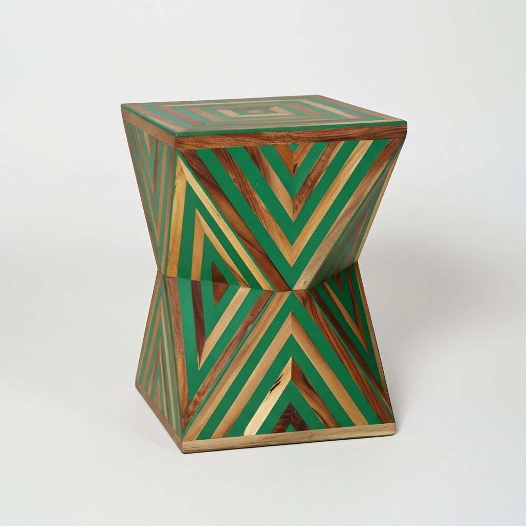 Handcrafted Geometric Green Wood Side Table