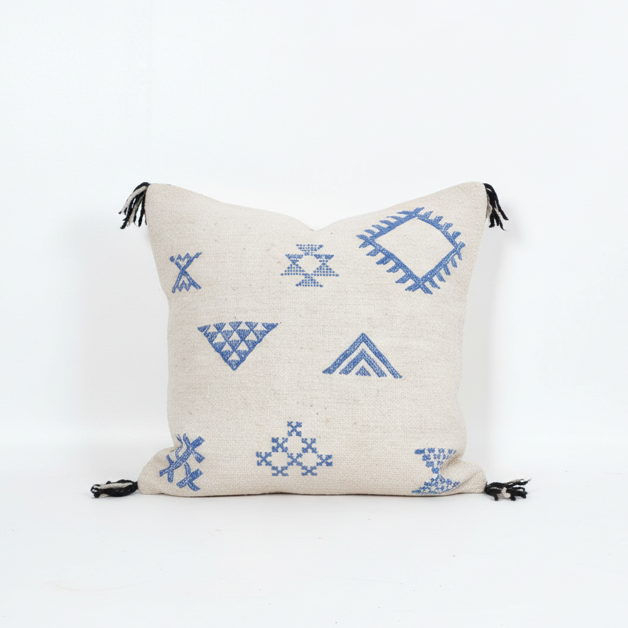 Berber Pillow Cover with Blue Geometric Motifs – Moroccan Handwoven Cushion with Tassels, 4 Sizes