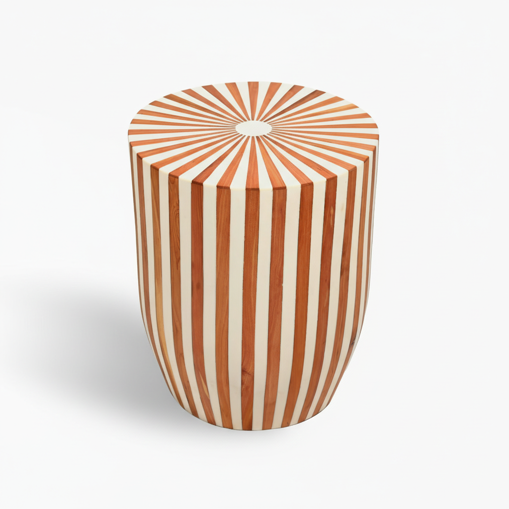 Wooden stool with sunburst pattern on a white background