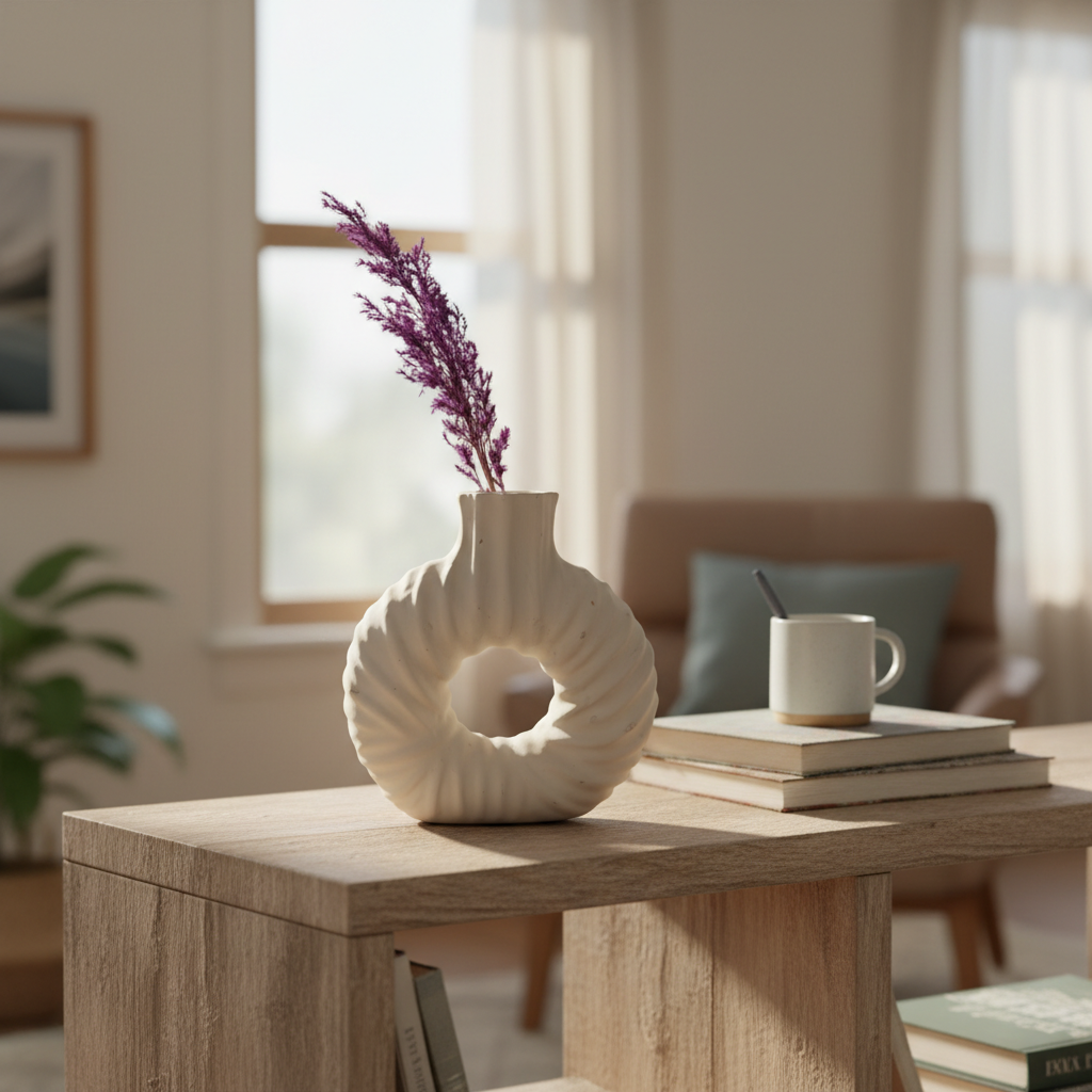 Handmade Ceramic Vase – Textured Sculptural Donut Vase in Neutral Tone